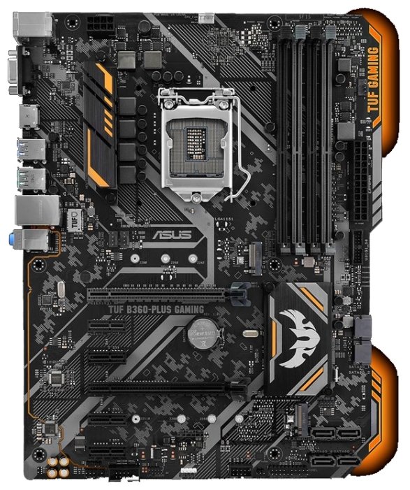 Материнская плата ASUS TUF B360-PLUS GAMING, Socket1151v2, Intel B360, 4xDDR4, 2PCI-Ex16, 6SATA3, 7.1-ch, GLAN, 6USB 3.1, VGA, HDMI, ATX, Retail б/у, после ремонта, следы эксплуатации, комплект: упаковка, мануал, диск с ПО