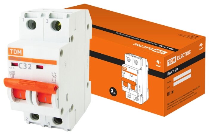 

Выключатель автоматический TDM ВА47-29 двухполюсный (2P/2П) 32А C 4.5кА, под опломбировку (SQ0206-0096)