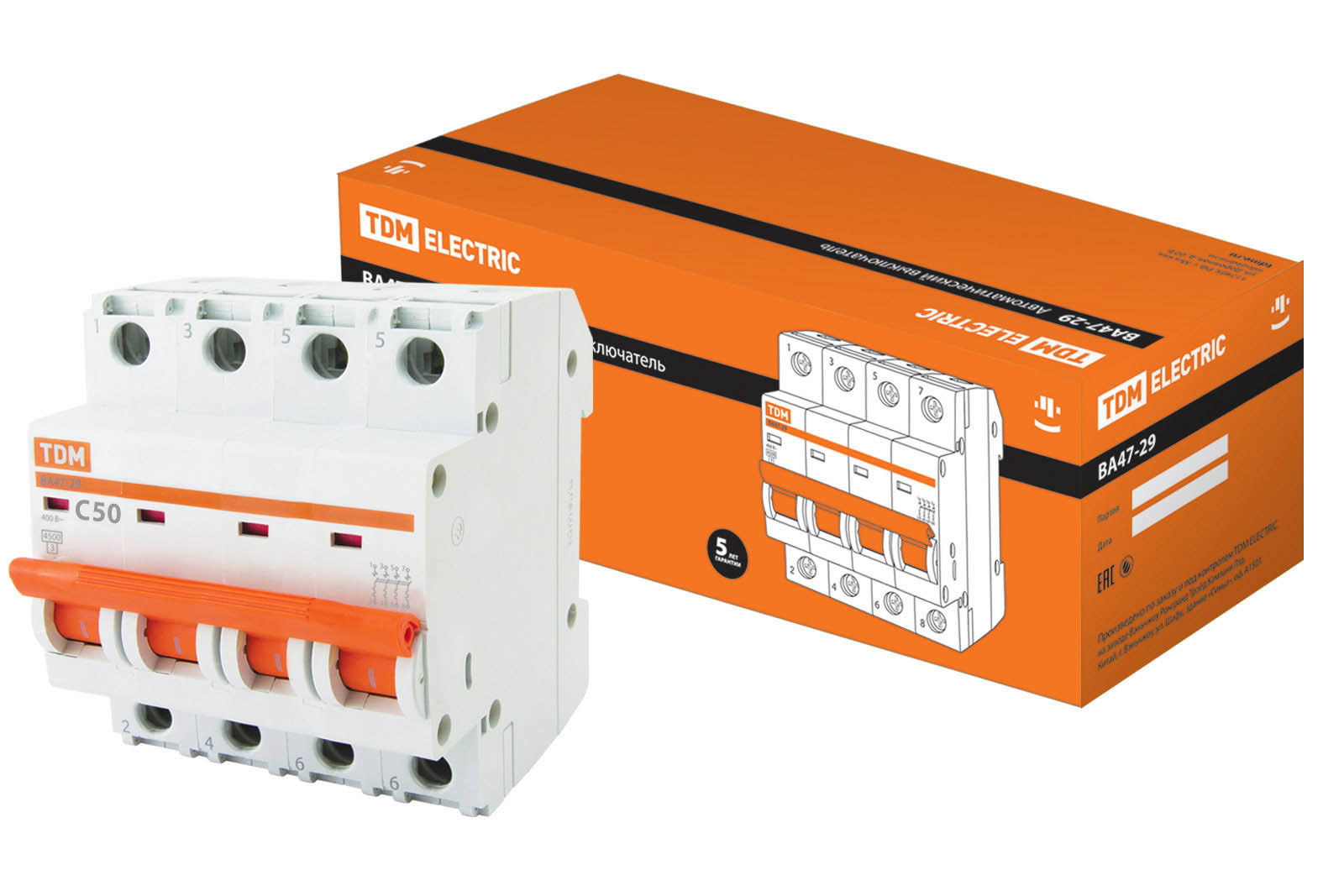 Выключатель автоматический TDM ВА47-29 четырехполюсный (4P/4П) 50A C 4.5кА, под опломбировку (SQ0206-0130)