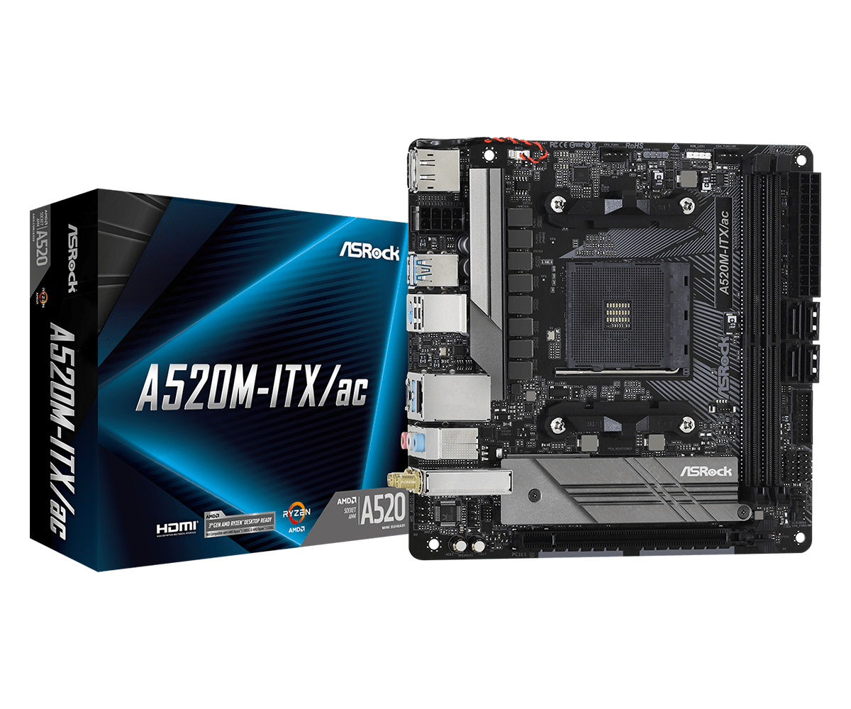 

Материнская плата ASRock A520M-ITX/AC, SocketAM4, AMD A520, 2xDDR4, PCI-Ex16, 4SATA3, 7.1-ch, GLAN, 5 USB 3.2, 1 USB Type-C, HDMI, DP, mini-ITX, Retail, A520M-ITX/AC