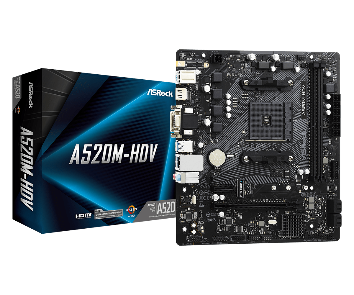 Материнская плата ASRock A520M-HDV, SocketAM4, AMD A520, mATX
