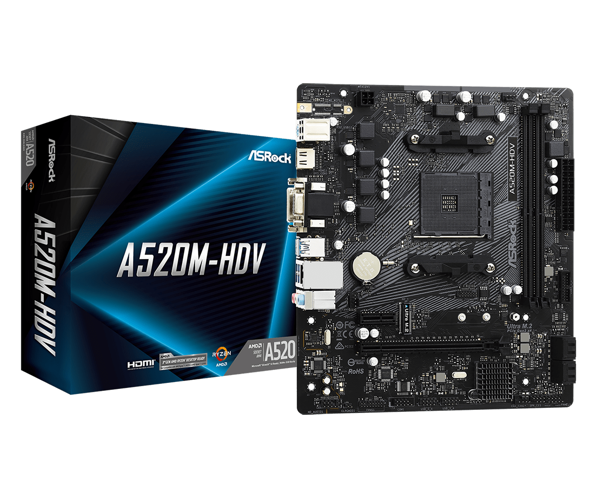 

Материнская плата ASRock A520M-HDV, SocketAM4, AMD A520, 2xDDR4, PCI-Ex16, 4SATA3, 7.1-ch, GLAN, 6 USB 3.2, VGA, DVI, HDMI, mATX, Retail, A520M-HDV