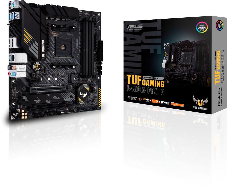 

Материнская плата ASUS TUF GAMING B450M-PRO S, SocketAM4, AMD B450, 4xDDR4, 2PCI-Ex16, 4SATA3, 7.1-ch, 2.5GLAN, 7 USB 3.2, 1 USB Type-C, HDMI, DP, mATX, Retail, TUF GAMING B450M-PRO S