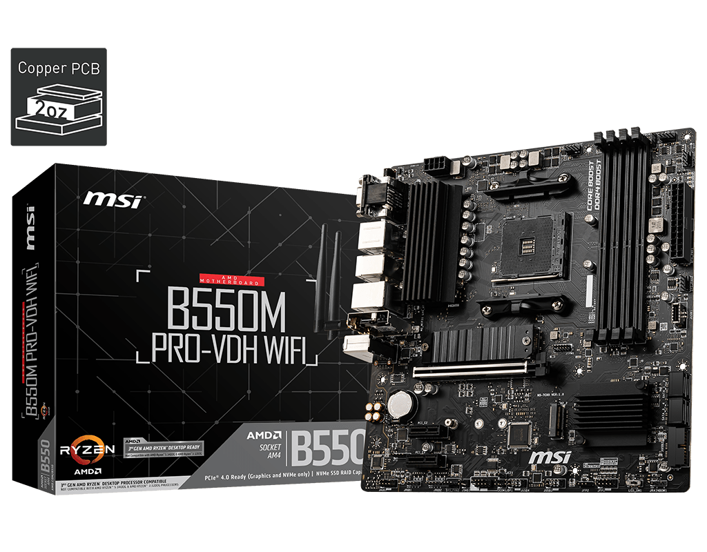 

Материнская плата MSI B550M PRO-VDH WIFI, SocketAM4, AMD B550, 4xDDR4, PCI-Ex16, 4SATA3, 7.1-ch, GLAN, 6 USB 3.2, 1 USB Type-C, VGA, HDMI, DP, mATX, Retail, B550M PRO-VDH WIFI