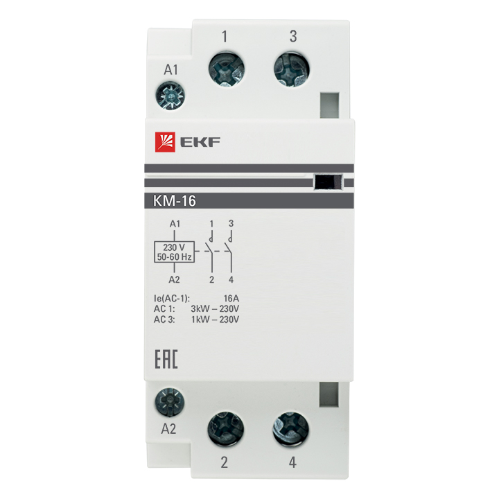 Контактор модульный двухполюсный 2P 16А 230 В230 В AC 2НО IP20 EKF PROxima km-2-16-20 2700₽