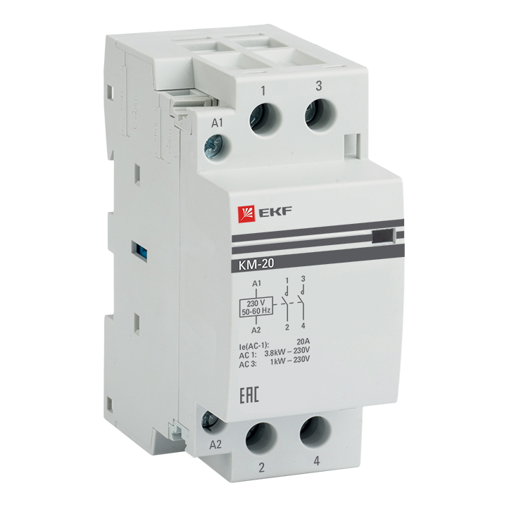 

Контактор модульный двухполюсный (2P) 20А 230 В/230 В, AC, 2НО, IP20, EKF PROxima (km-2-20-20)