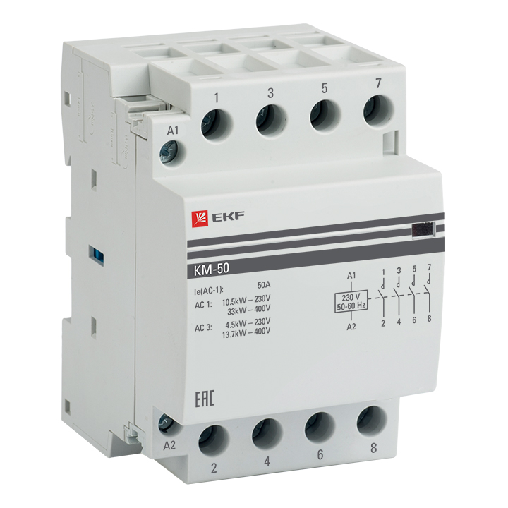 

Контактор модульный четырехполюсный (4P) 50A 230В/230В, AC, 4НО, IP20, EKF PROxima (km-3-50-40)