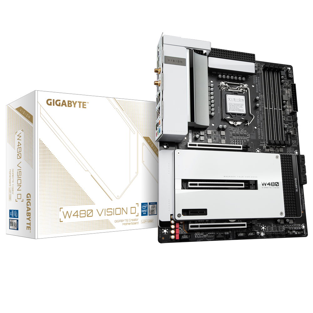

Материнская плата GIGABYTE W480 VISION D, Socket1200, Intel W480, 4xDDR4, 3PCI-Ex16, 6SATA3, 7.1-ch, GLAN, 2.5GLAN, 7USB 3.2, 3USB Type-C, HDMI, DisplayPort, ATX, Retail, W480 VISION D