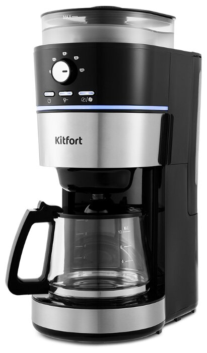 

Кофеварка капельная Kitfort KT-737, 1 кВт, кофе молотый / зерновой, 1.25 л/1.25 л, дисплей, черный/серебристый, KT-737
