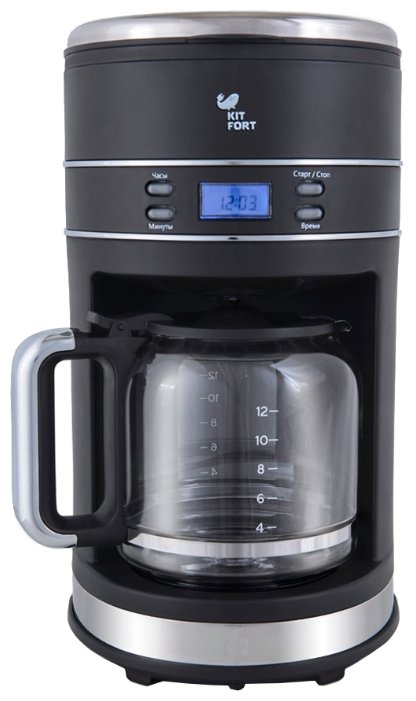 

Кофеварка капельная Kitfort КТ-704-2, 1 кВт, кофе молотый, 1.5 л/1.5 л, дисплей, черный/серебристый, КТ-704-2