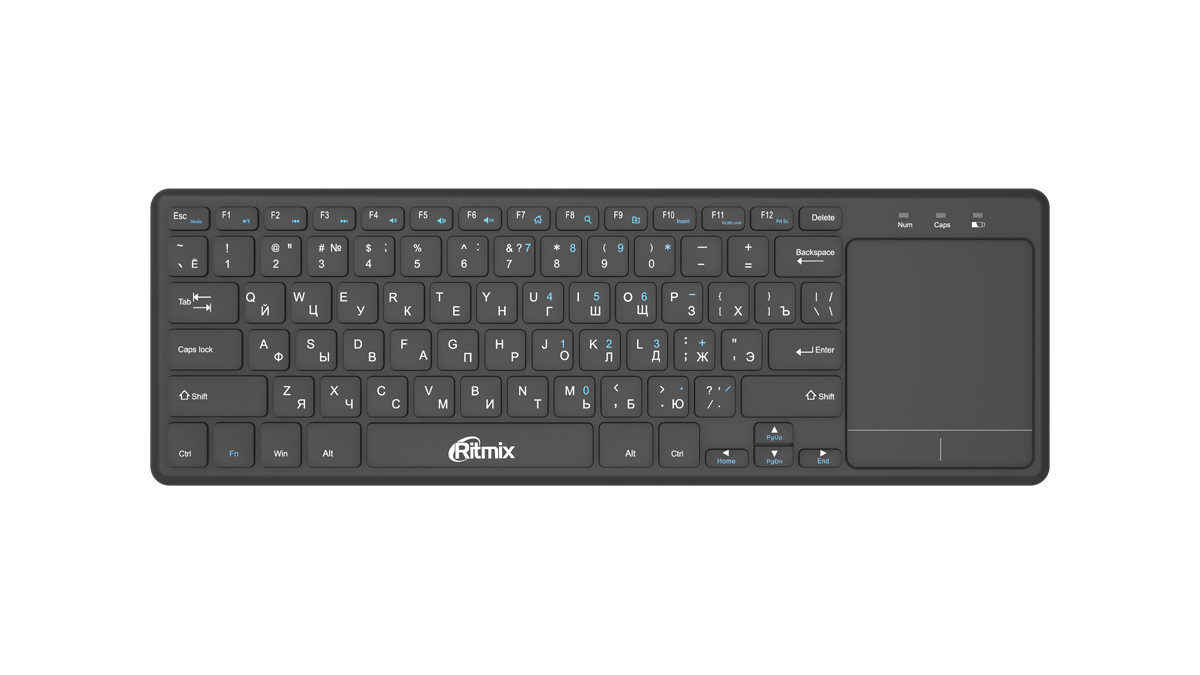 

Клавиатура беспроводная Ritmix RKB-350BTH, мембранная, TouchPad, Bluetooth, черный, RKB-350BTH