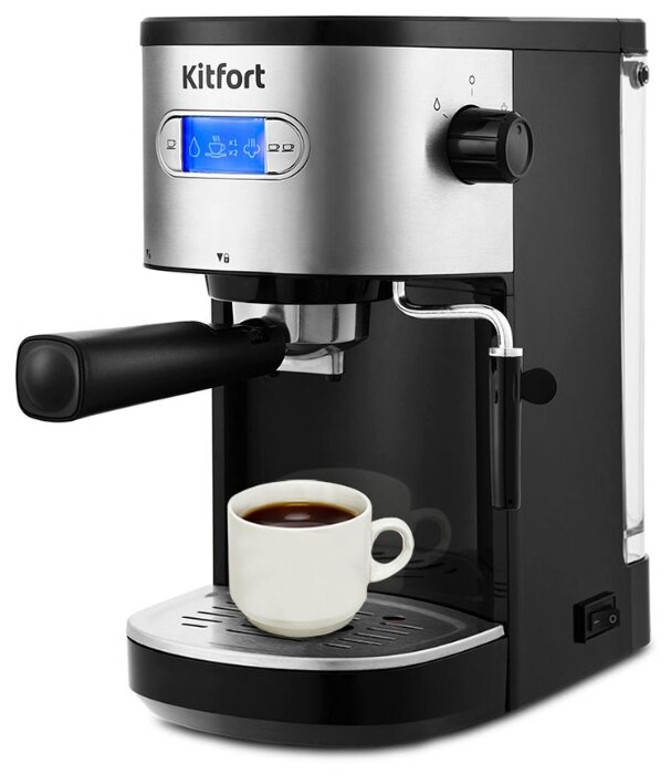 

Кофеварка рожковая Kitfort KT-740, 1.45 кВт, кофе молотый, 1.1 л, ручной капучинатор, дисплей, черный/серебристый, KT-740
