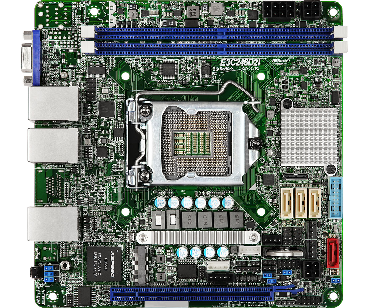 

Материнская плата ASRock E3C246D2I, 1xSocket1151, iC246, 2xDDR4, PCI-Ex16, 1xM.2-PCI-E/SATA 3.0, 4SATA3, 2GLAN, 2xUSB 2.0, VGA, mini-ITX, Retail (E3C246D2I), E3C246D2I