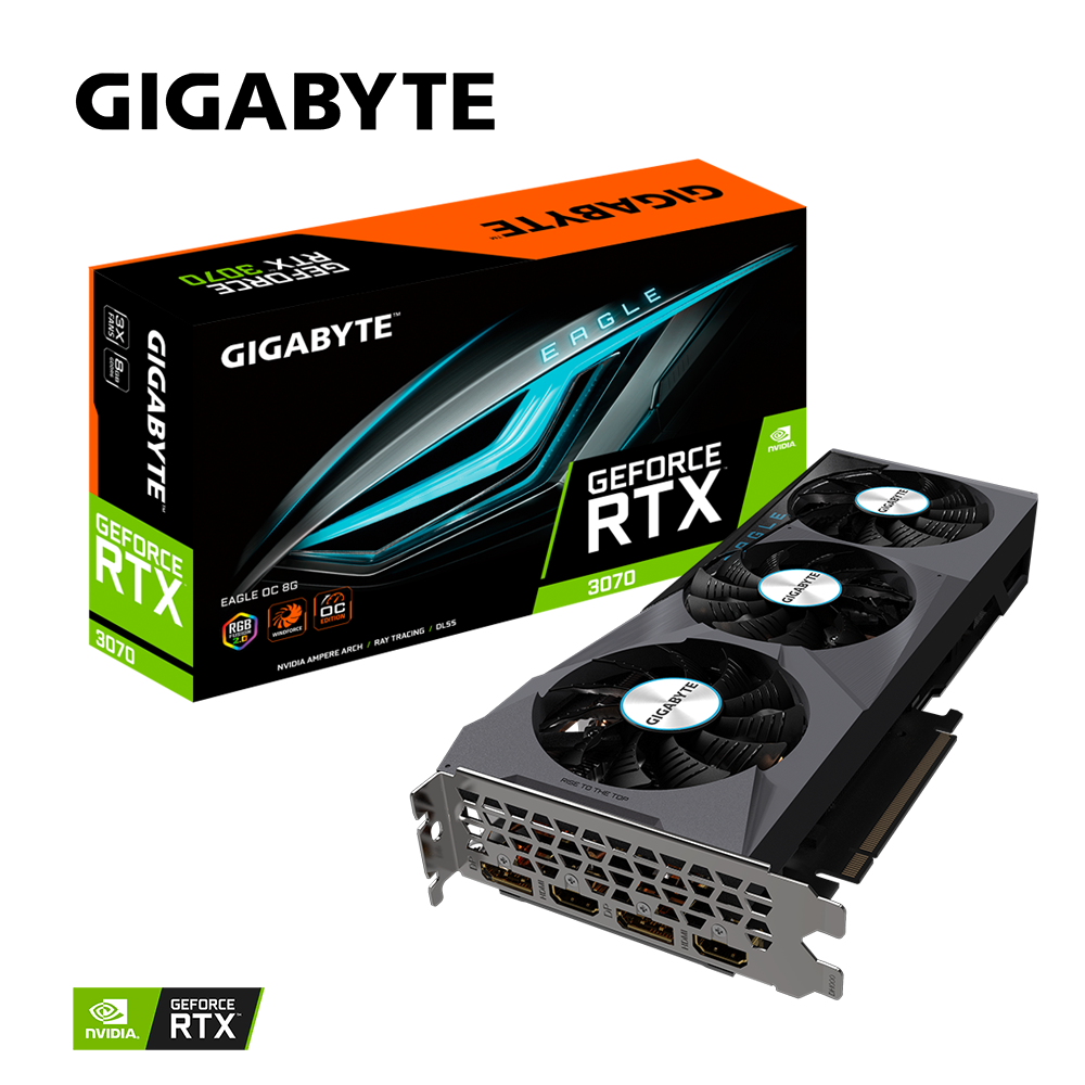 

Видеокарта GIGABYTE NVIDIA GeForce RTX 3070 EAGLE OC 8G, 8Gb DDR6, 256 бит, PCI-E, 2HDMI, 2DP, Retail (GV-N3070EAGLE OC-8GD), EAGLE OC 8G
