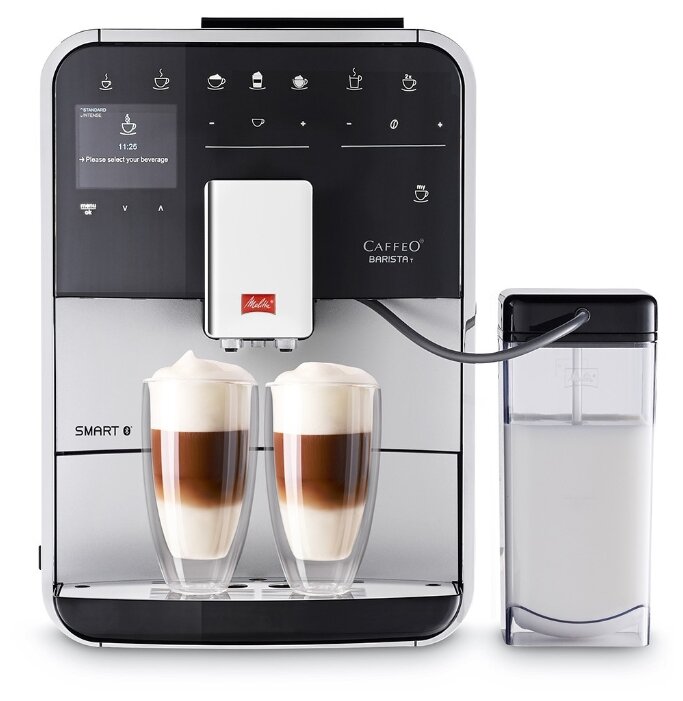 Кофемашина автоматическая Melitta Caffeo Barista T Smart F 830-101, зерновой / молотый, 1.8л, автоматический капучинатор, дисплей, управление со смартфона, серебристый, 1450Вт (21781)