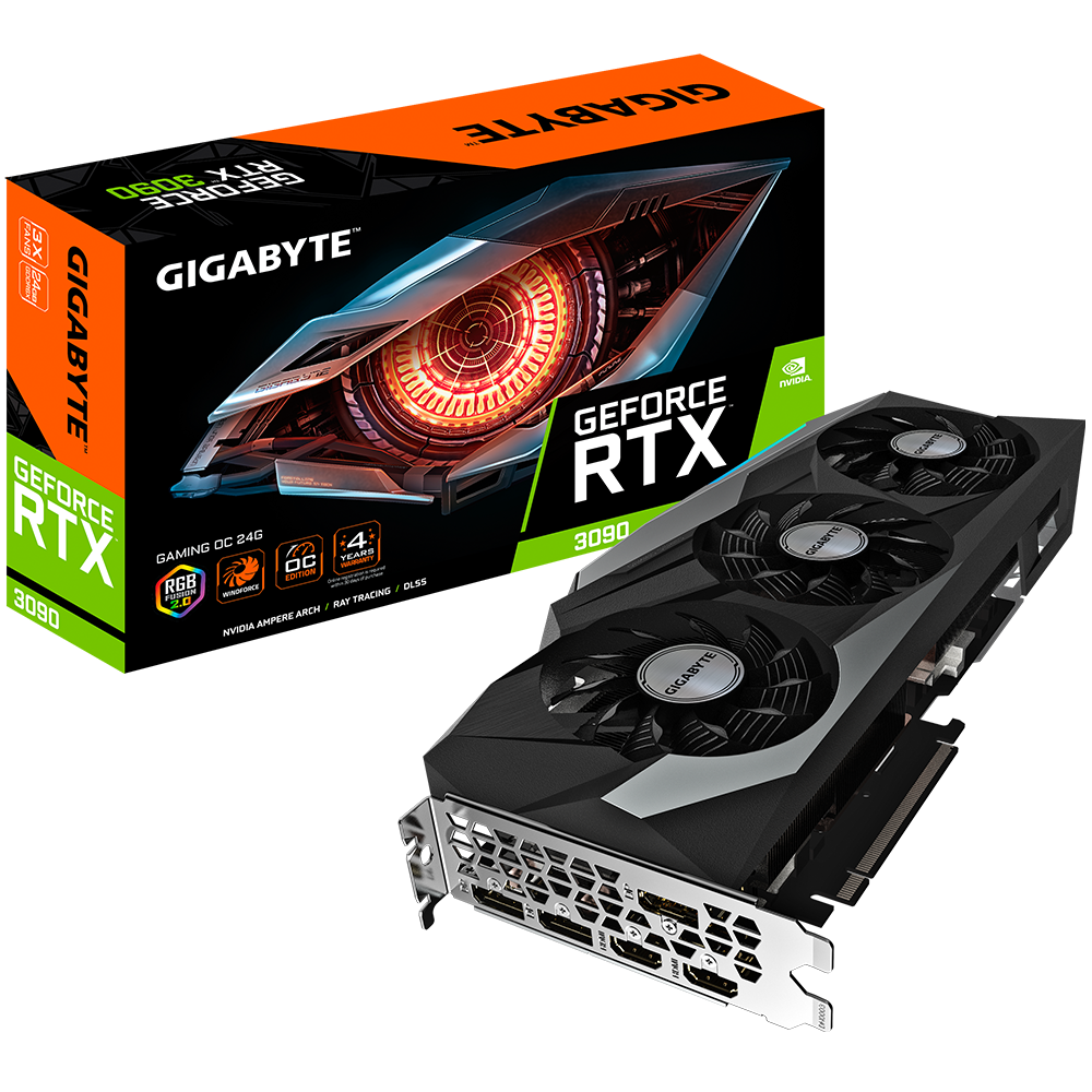 

Видеокарта GIGABYTE NVIDIA GeForce RTX 3090 GAMING OC, 24Gb DDR6X, 384 бит, PCI-E, 2HDMI, 3DP, Retail (GV-N3090GAMING OC-24GD), GAMING OC