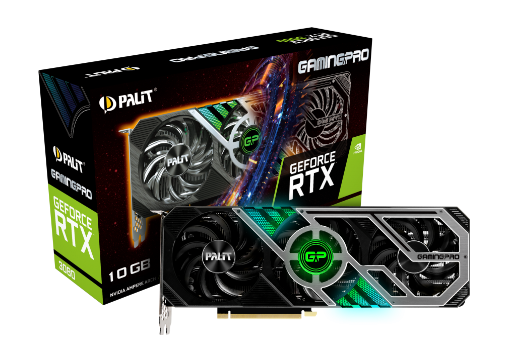 

Видеокарта Palit NVIDIA GeForce RTX 3080 Gaming Pro, 10Gb DDR6X, 320bit, PCI-E, HDMI, 3DP, Retail (NED3080019IA-132AA), Gaming Pro