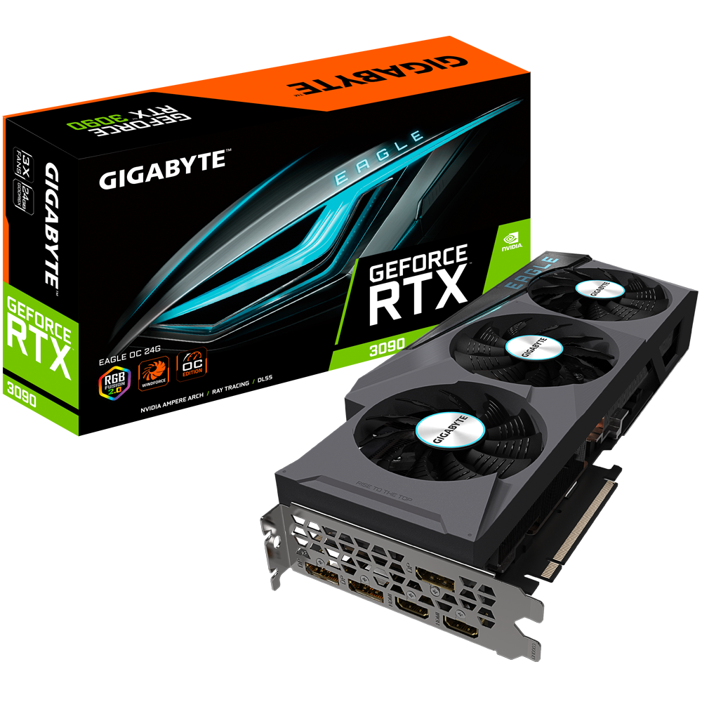 

Видеокарта GIGABYTE NVIDIA GeForce RTX 3090 EAGLE OC, 24Gb GDDR6X, 384bit, PCI-E, 2HDMI, 3DP, Retail (GV-N3090EAGLE OC-24GD), EAGLE OC