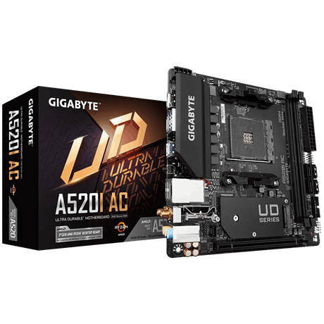 

Материнская плата GIGABYTE A520I AC, SocketAM4, AMD A520, 2xDDR4, PCI-Ex16, 4SATA3, 7.1-ch, GLAN, 6USB 3.2, HDMI, DisplayPort, mini-ITX, Retail, A520I AC