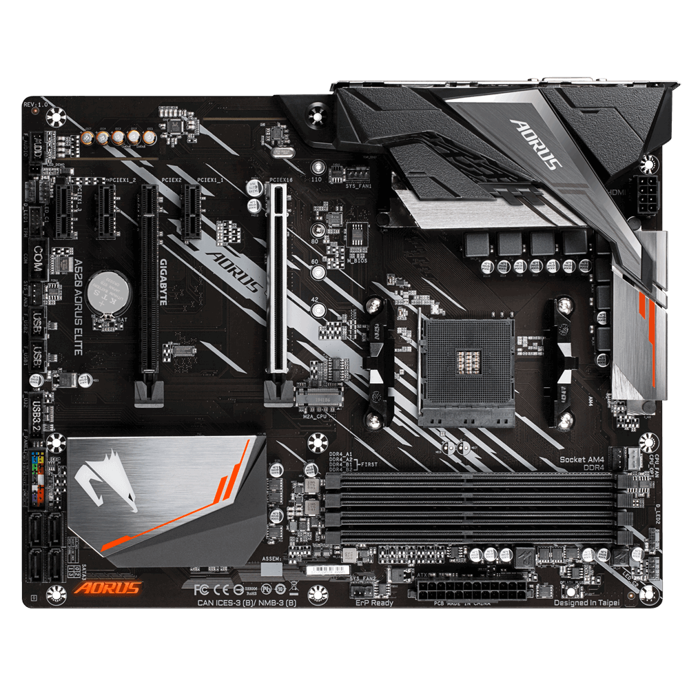 Материнская плата GIGABYTE A520 AORUS ELITE, SocketAM4, AMD A520, 4xDDR4, 2PCI-Ex16, 4SATA3, 7.1-ch, GLAN, 6 USB 3.2, DVI, HDMI, ATX, Retail