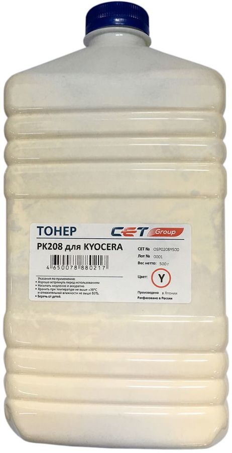 

Тонер CET PK208, бутыль 500 г, желтый, совместимый для Kyocera Ecosys M5521cdn/M5526cdw/P5021cdn/P5026cdn (OSP0208Y-500), PK208