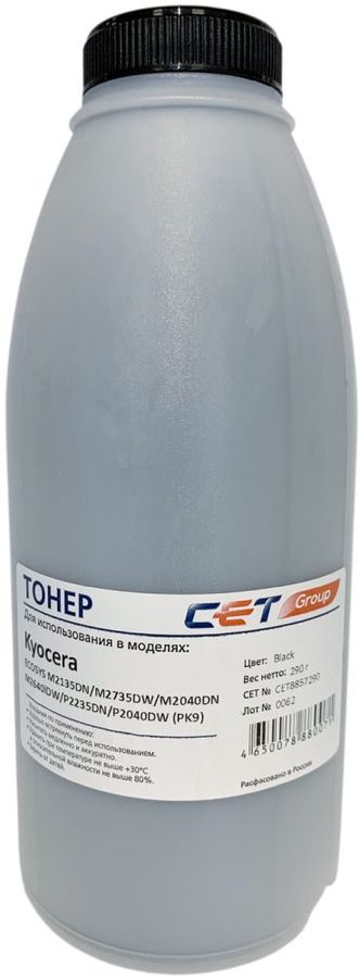 

Тонер CET PK9, бутыль 290 г, черный, совместимый для Kyocera Ecosys M2135dn/M2735dw/M2040dn/M2640idw/P2235dn/P2040dw (CET8857-290), PK9
