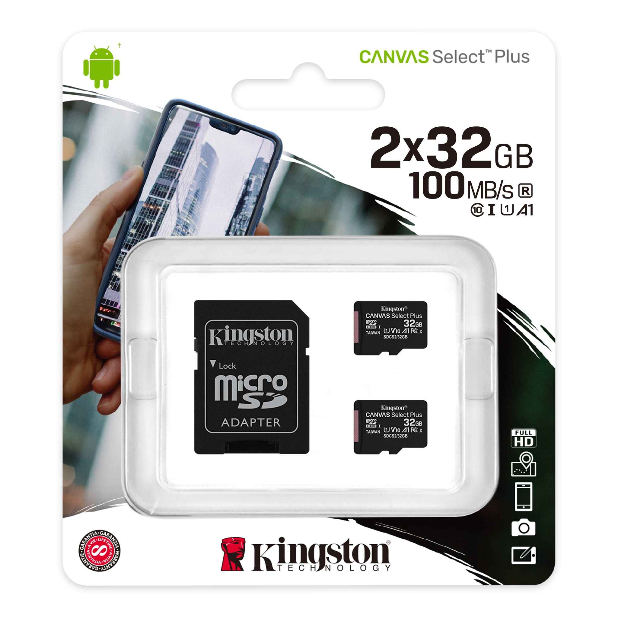 Карта памяти 32Gb microSDHC Kingston Canvas Select Plus Class 10 UHS-I U1 V10 A1 + адаптер (SDCS2/32GB-2P1A)