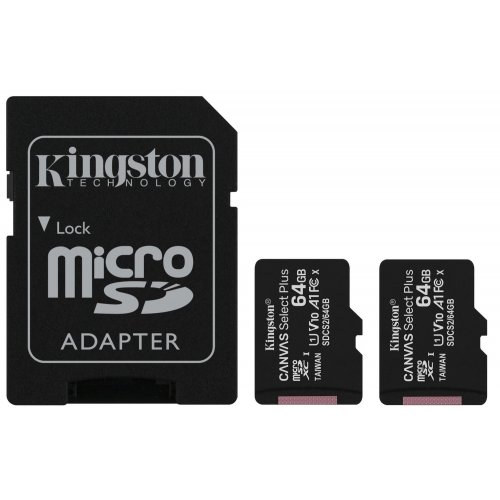 

Карта памяти 64Gb microSDXC Kingston Canvas Select Plus Class 10 UHS-I U1 V10 A1 + адаптер (SDCS2/64GB-2P1A), SDCS2/64GB-2P1A