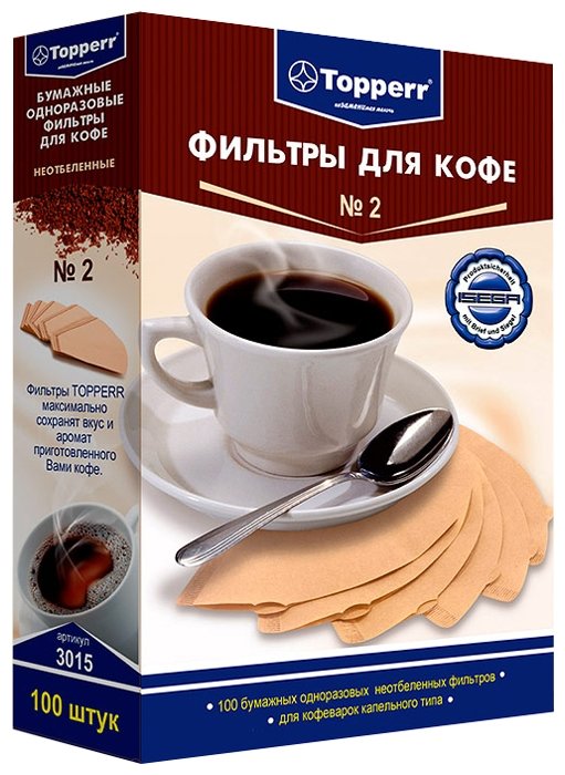 

Одноразовый фильтр для кофе для капельной кофеварки Topperr размер №2, 100 шт., бумага, неотбеленный (3015), Неотбеленные