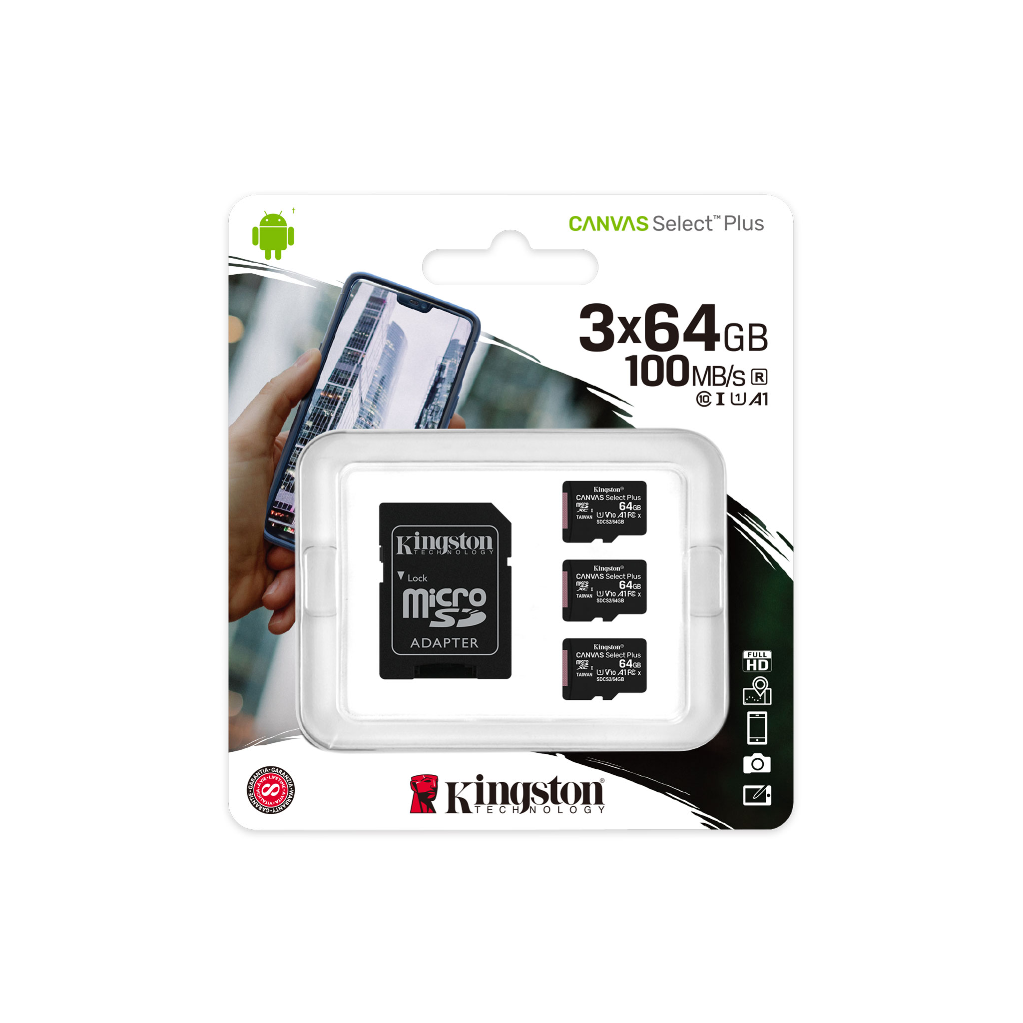 Карта памяти 64Gb microSDXC Kingston Canvas Select Plus Class 10 UHS-I U1 V10 A1 + адаптер