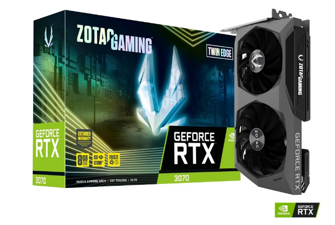 

Видеокарта ZOTAC NVIDIA GeForce RTX 3070 Twin Edge, 8Gb DDR6, 256 бит, PCI-E, HDMI, 3DP, Retail (ZT-A30700E-10P LHR), Twin Edge