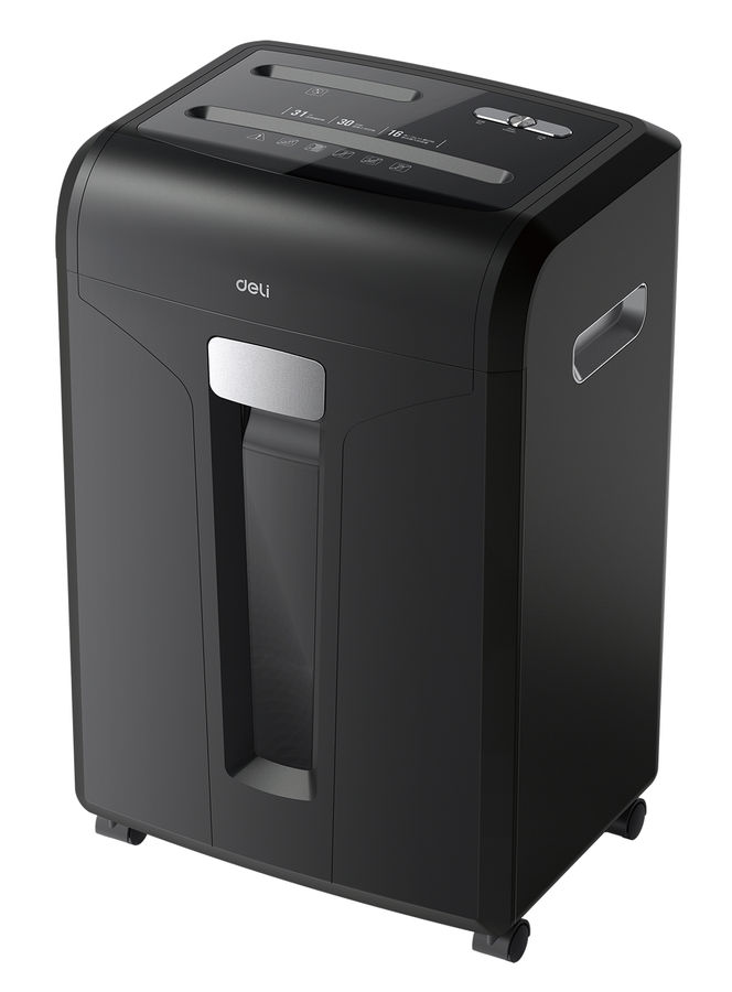 Шредер Deli E14400, секретность 4/P-4, фрагменты - 4 мм x 4 см, объем 31 л, кол-во листов до 16 шт., скрепки, скобы, карты, CD, черный