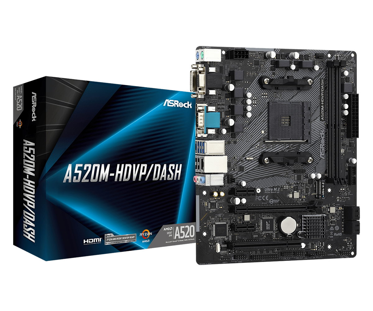 

Материнская плата ASRock A520M-HDVP/DASH, SocketAM4, AMD A520, 2xDDR4, PCI-Ex16, 4SATA3, 7.1-ch, GLAN, 6USB 3.2, VGA, DVI, HDMI, DisplayPort, mATX, Retail, A520M-HDVP/DASH