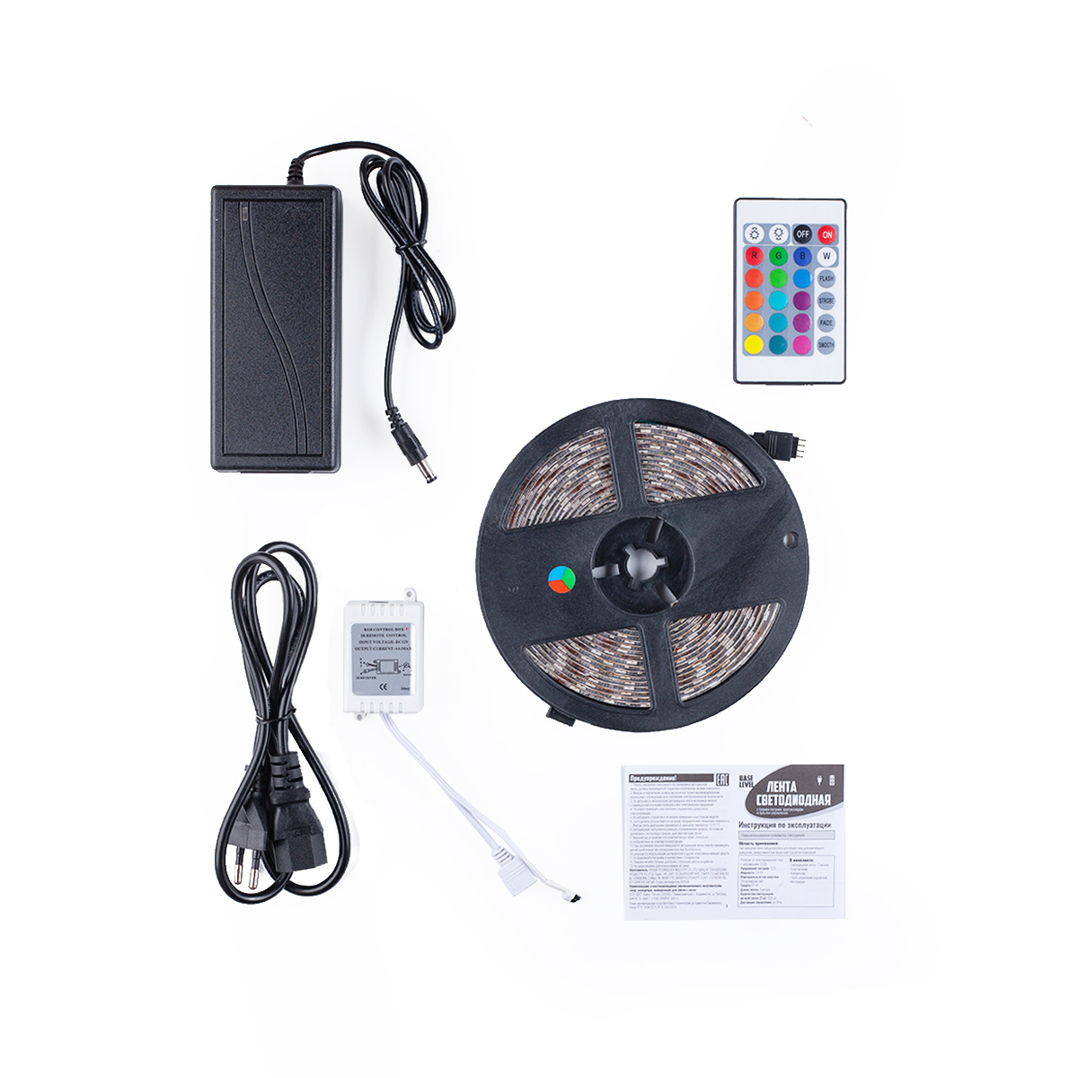

Лента светодиодная, 5м, SMD 5050, 3.5Вт на метр, 12V, RGB, IP44, адаптер питания 220В, трансформатор, ПДУ Base-level (BL2203-5050RGB), 0