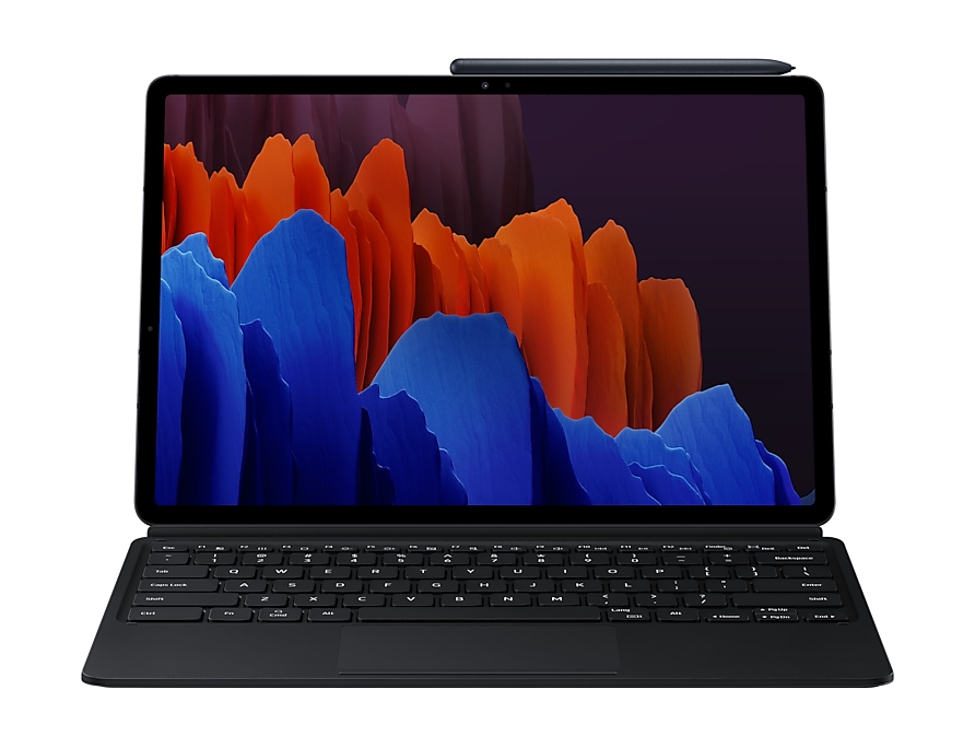 

Чехол-клавиатура Samsung для планшета Samsung Galaxy Tab S7+, полиуретан/поликарбонат, черный (EF-DT970BBRGRU)
