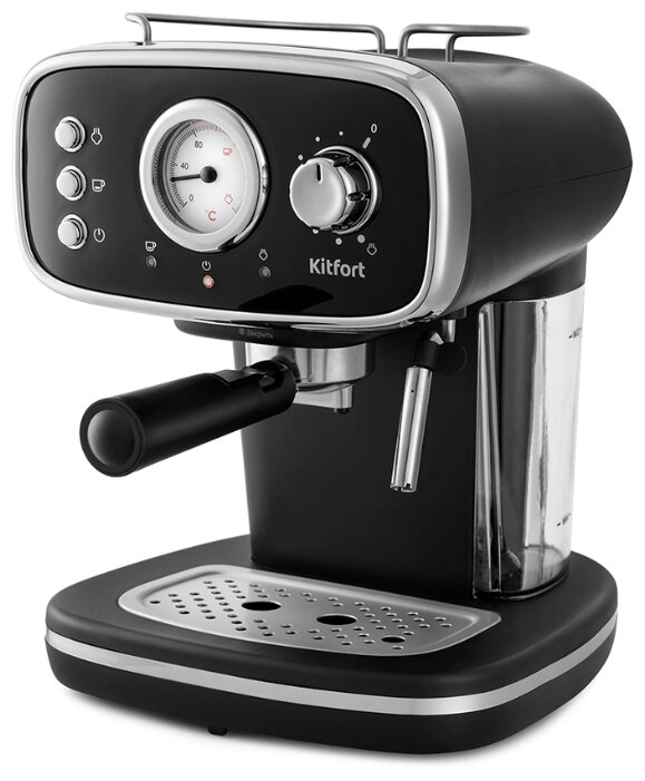 

Кофеварка рожковая Kitfort KT-736, 1.1 кВт, кофе молотый, 1.2 л, ручной капучинатор, черный/серебристый, KT-736