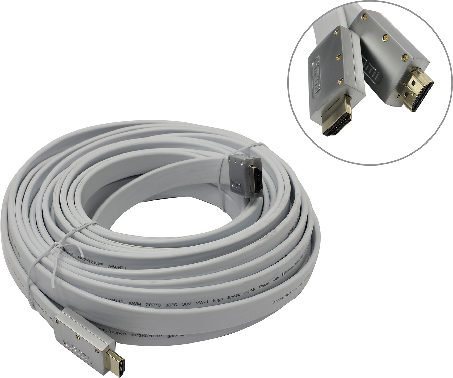 Кабель HDMI(19M)-HDMI(19M) v2.0 4K, плоский, 10м, серебристый/белый Aopen/Qust (ACG568F-S-10M), цвет серебристый/белый - фото 1