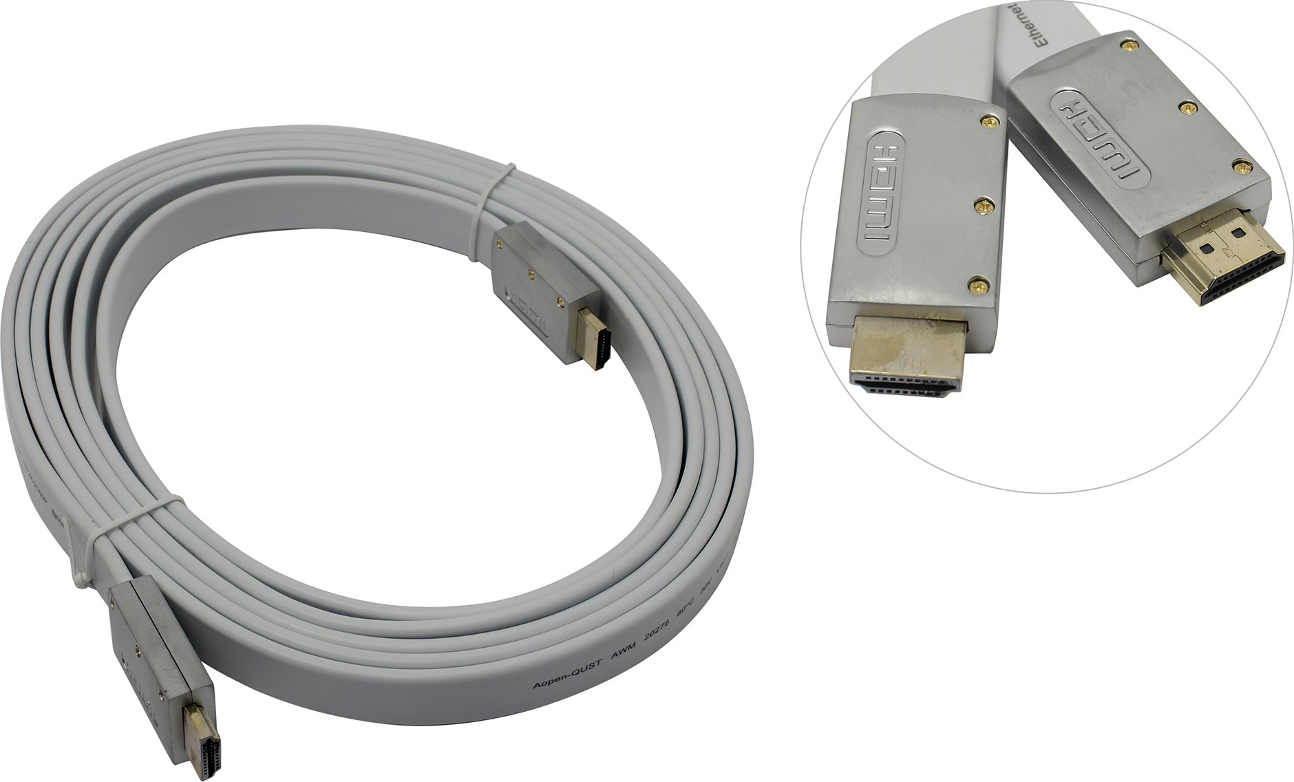 Кабель HDMI(19M)-HDMI(19M) v2.0 4K, плоский, 3 м, серебристый/белый Aopen/Qust (ACG568F-S-3M)