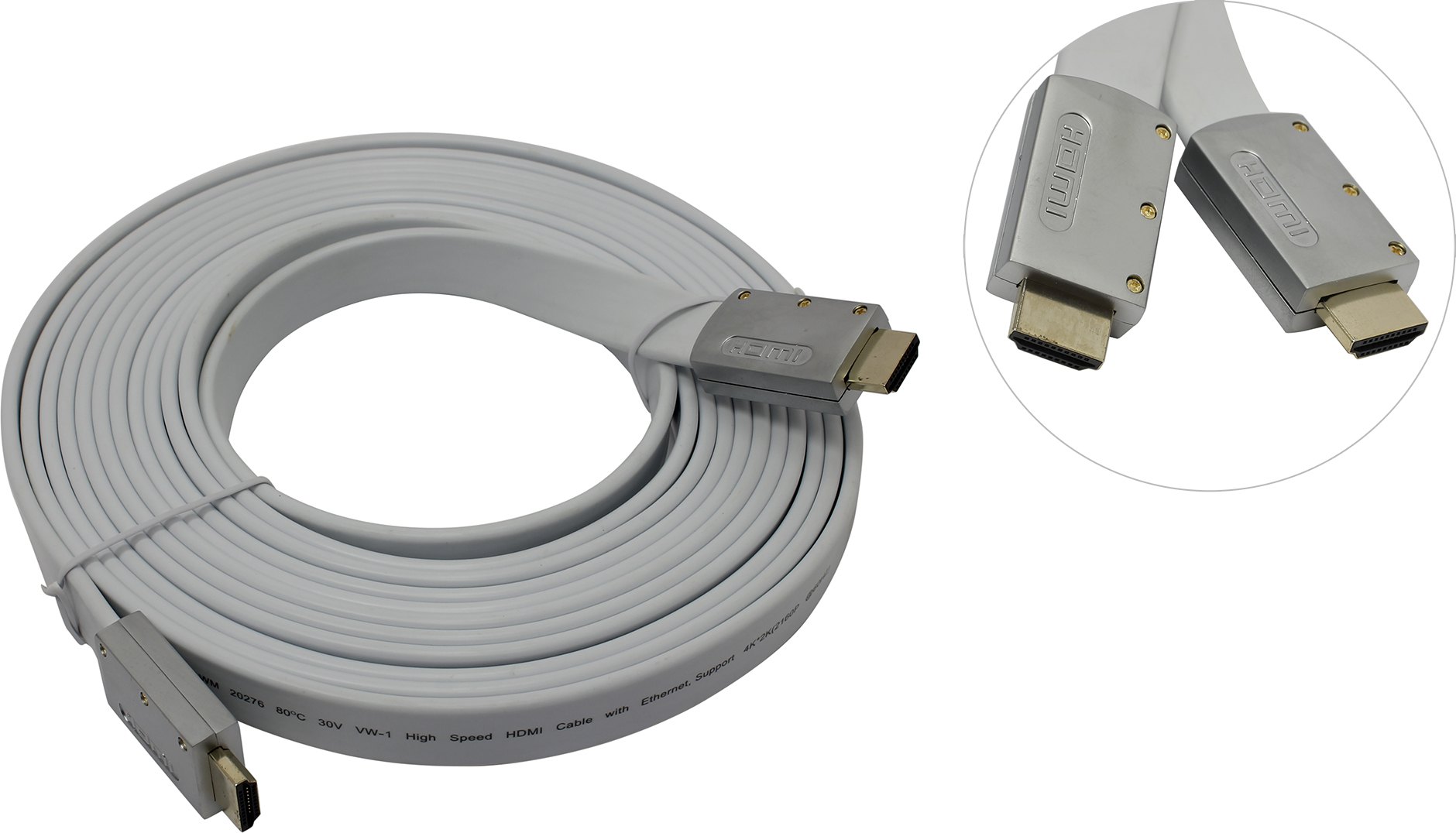 Кабель HDMI(19M)-HDMI(19M) v2.0 4K, плоский, 5м, серебристый/белый Aopen/Qust (ACG568F-S-5M)