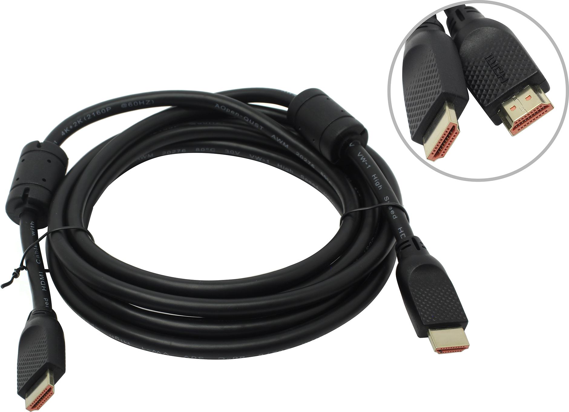 Кабель HDMI(19M)-HDMI(19M) v2.0 4K, ферритовый фильтр, 3 м, черный Aopen/Qust (ACG517D-3M)