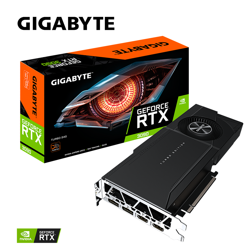 

Видеокарта GIGABYTE NVIDIA GeForce RTX 3090 TURBO 24G, 24Gb GDDR6X, 384bit, PCI-E, 2HDMI, 2DP, Retail (GV-N3090TURBO-24GD), TURBO 24G