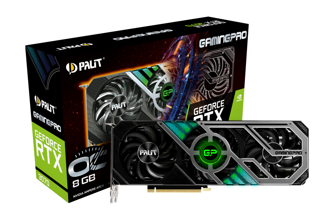 

Видеокарта Palit NVIDIA GeForce RTX 3070 GAMINGPRO OC, 8Gb DDR6, 256 бит, PCI-E, HDMI, 3DP, Retail (NE63070S19P2-1041A), GAMINGPRO OC