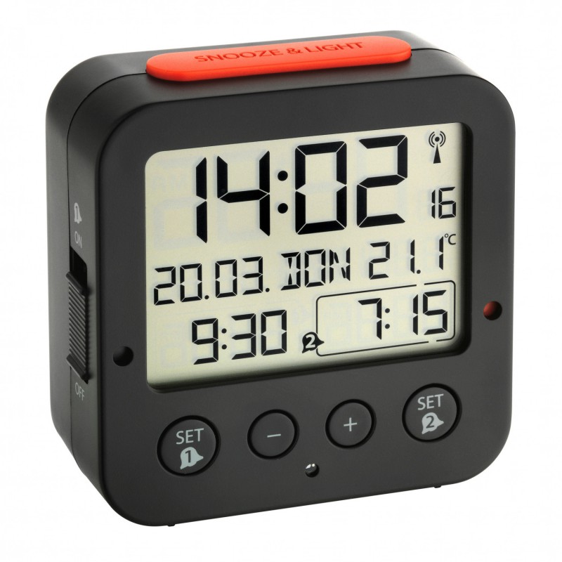 Часы TFA 60.2528.02, - подсветка, от батарейки, Радио будильник с показанием температуры, черный (60.2528.02)