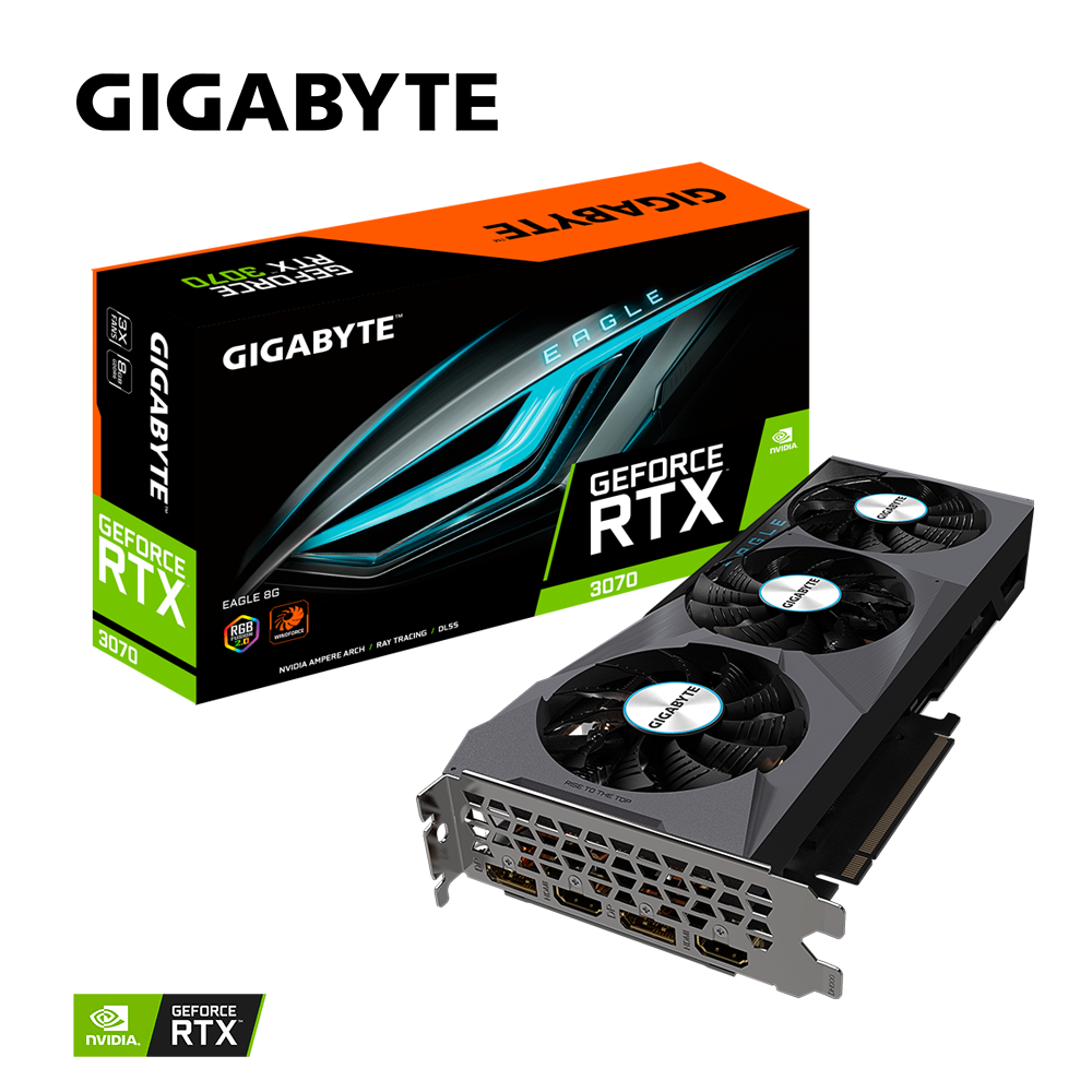 

Видеокарта GIGABYTE NVIDIA GeForce RTX 3070 EAGLE 8G, 8Gb DDR6, 256bit, PCI-E, 2HDMI, 2DP, Retail (GV-N3070EAGLE-8GD LHR), EAGLE 8G