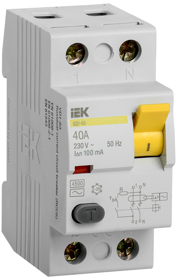 

Выключатель дифференциальный (УЗО) ВД1-63, 2P, 40А, 100мА, электромеханический, тип АС, IEK