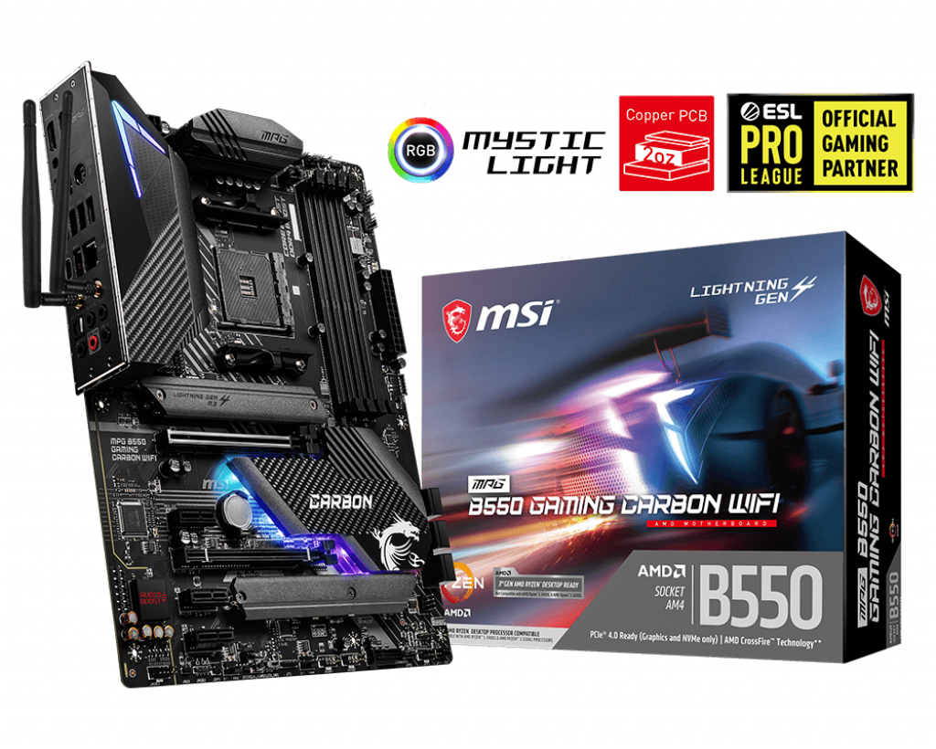 

Материнская плата MSI MPG B550 GAMING CARBON WIFI, SocketAM4, AMD B550, 4xDDR4, 2PCI-Ex16, 6SATA3, 7.1-ch, 2.5GLAN, 5USB 3.2, 2USB Type-C, HDMI, DisplayPort, ATX, Retail, MPG B550 GAMING CARBON WIFI