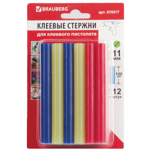 

Клеевые стержни BRAUBERG 670317 11x100мм, цветной, 12шт., блистер (670317)