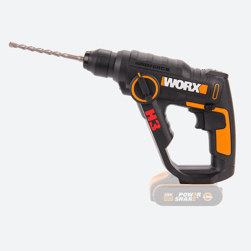 Перфоратор WORX H3 WX390.9, аккумуляторный, SDS-Plus, 1.2 Дж, 900 об/мин, 5000 уд/мин, 20V, Li-Ion, кейс, 1.2кг ( WX390.9) поставляется без аккумуляторов и зарядного устройства