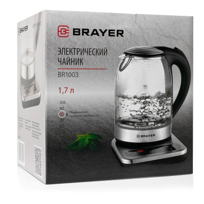 

Чайник электрический BRAYER BR1003 1.7л. 2.2 кВт, металл/стекло, черный/серебристый, BR1003