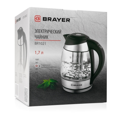 

Чайник электрический BRAYER BR1021 1.7л. 2.2 кВт, высокопрочное стекло, серебристый/черный, BR1021